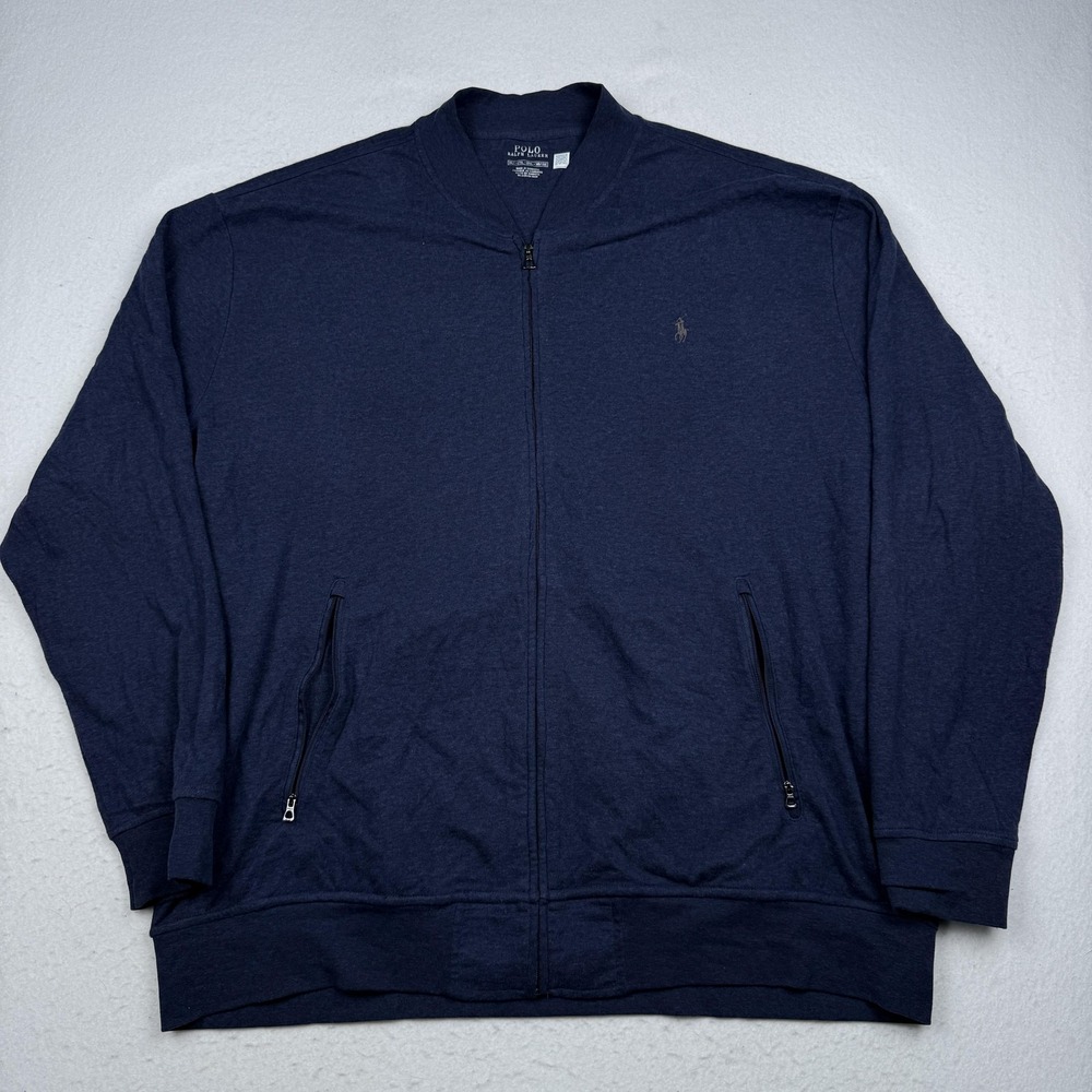 Polo Ralph Lauren Jacket Mens 2XLT Blue Full Zip Jersey Logo Pockets Top